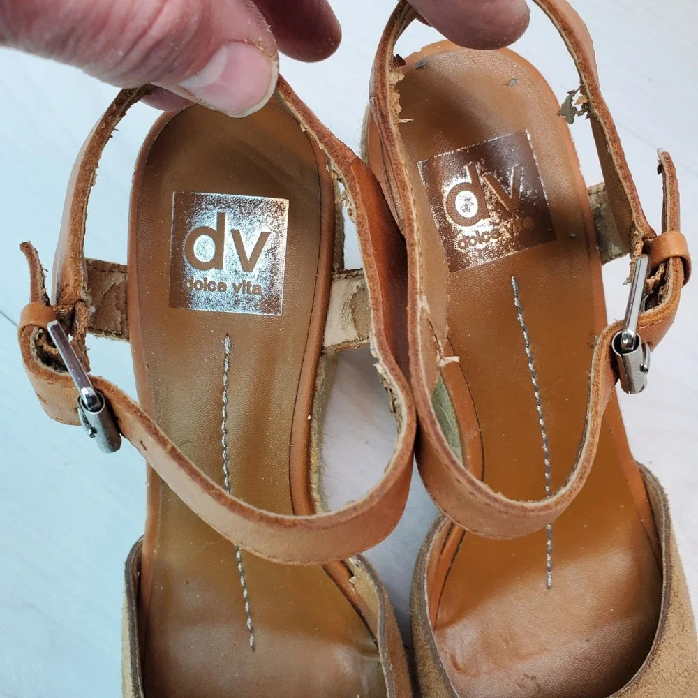 Dolce Vita DV Nude Suede Tan Leather Ankle Strap Wedge Espadrille Sandals Size 8